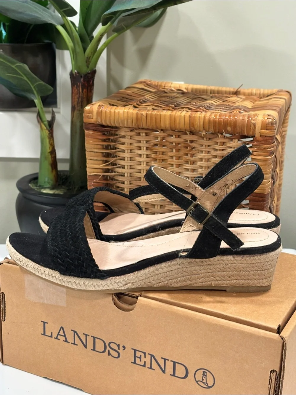 Lands' End Pippa Braided Suede Espadrille Wedge Sandals in Black